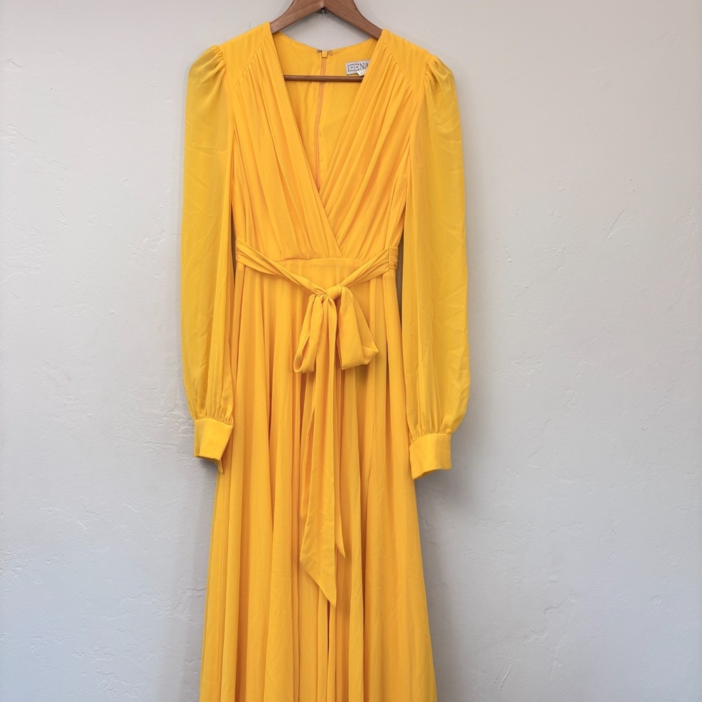 Ieena For Mac Duggal Chiffon Maxi Dress Size 2 Bright Yellow Sheer Sleeves New